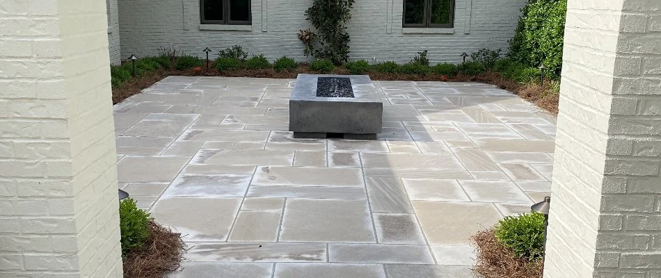 Modern paver patio in Louisville, KY, with a fire pit.