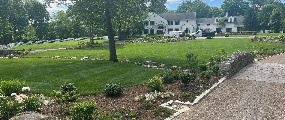 RA beautifully maintained expansive lawn with landscaped garden beds in Louisville, KY.