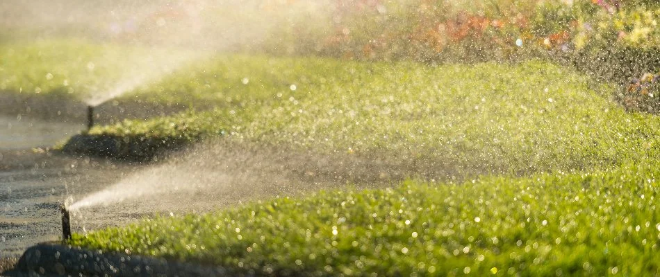Irrigation sprinkler heads along the edge of a lawn in Seneca Gardens, KY.