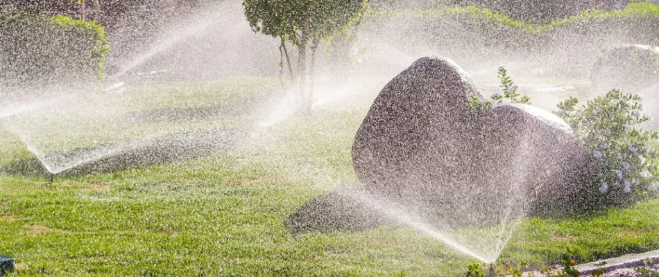 Lawn and shrubs in Clarksville, IN, being watered by sprinkler heads.