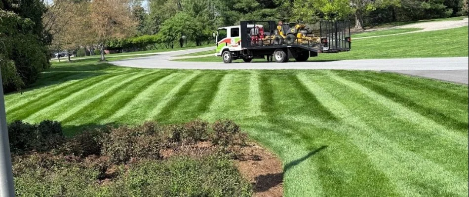 Mowed lawn with work truck parked in the street on a property in Louisville, KY.