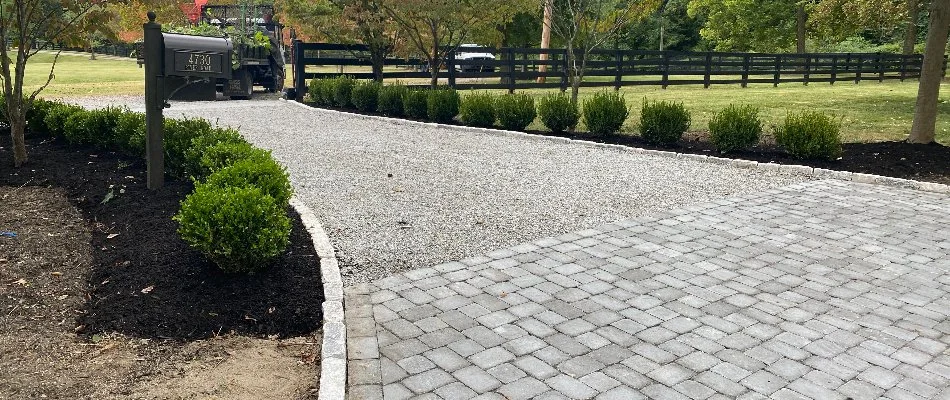 Paver driveway in Louisville, KY, lined with small, green shrubs.
