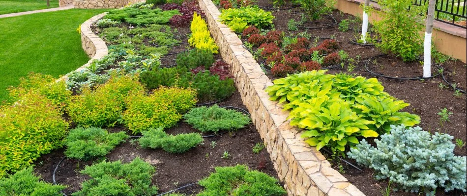 A stone retaining wall in Louisville, KY, with raised planter beds.